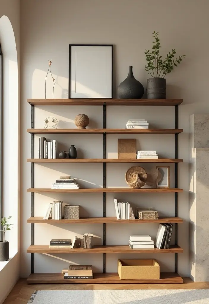 30 Beige and Wood Living Room Decor Ideas for a Soft Natural Style - 4. Natural Wood Shelving