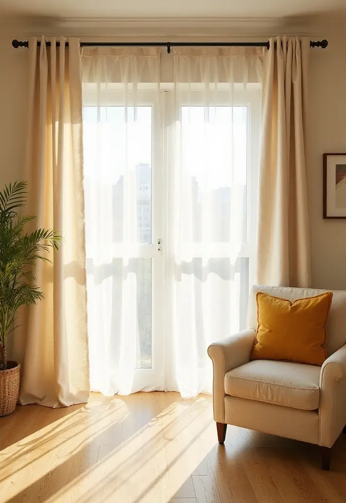 30 Beige and Wood Living Room Decor Ideas for a Soft Natural Style - 9. Light Beige Curtains