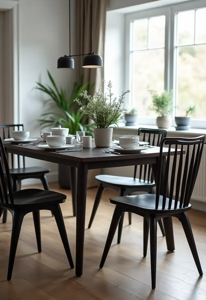 30 Black Wood Dining Table Decor Ideas for Elegant Dining Rooms 1 30 Black Wood Dining Table Decor Ideas for Elegant Dining Rooms - 1. Scandinavian Minimalism with Touches of Greenery
