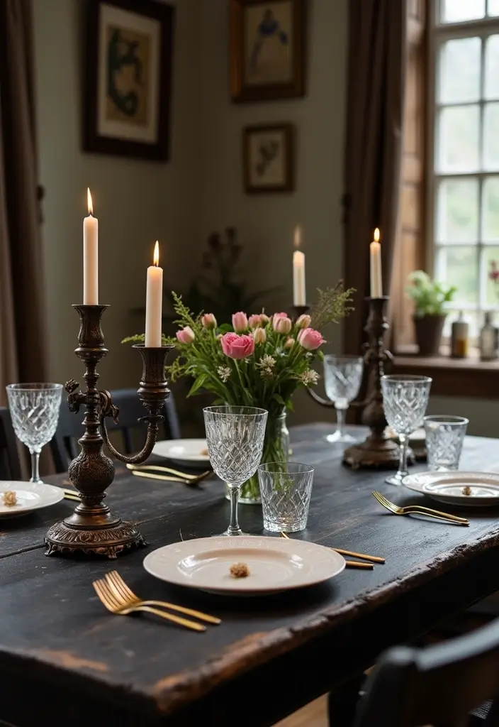30 Black Wood Dining Table Decor Ideas for Elegant Dining Rooms 17 30 Black Wood Dining Table Decor Ideas for Elegant Dining Rooms - 5. Vintage Flair with Black Wood