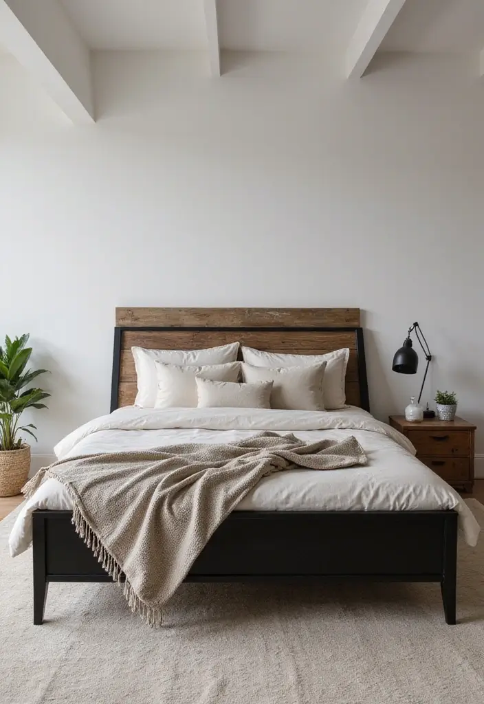 30 Black and Wood Bedroom Decor Ideas for a Modern Contrast - 1. Sleek Black Bed Frame with Wooden Headboard