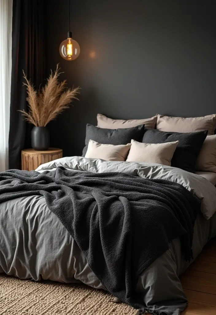 30 Black and Wood Bedroom Decor Ideas for a Modern Contrast - 11. Layered Black and Wood Textiles