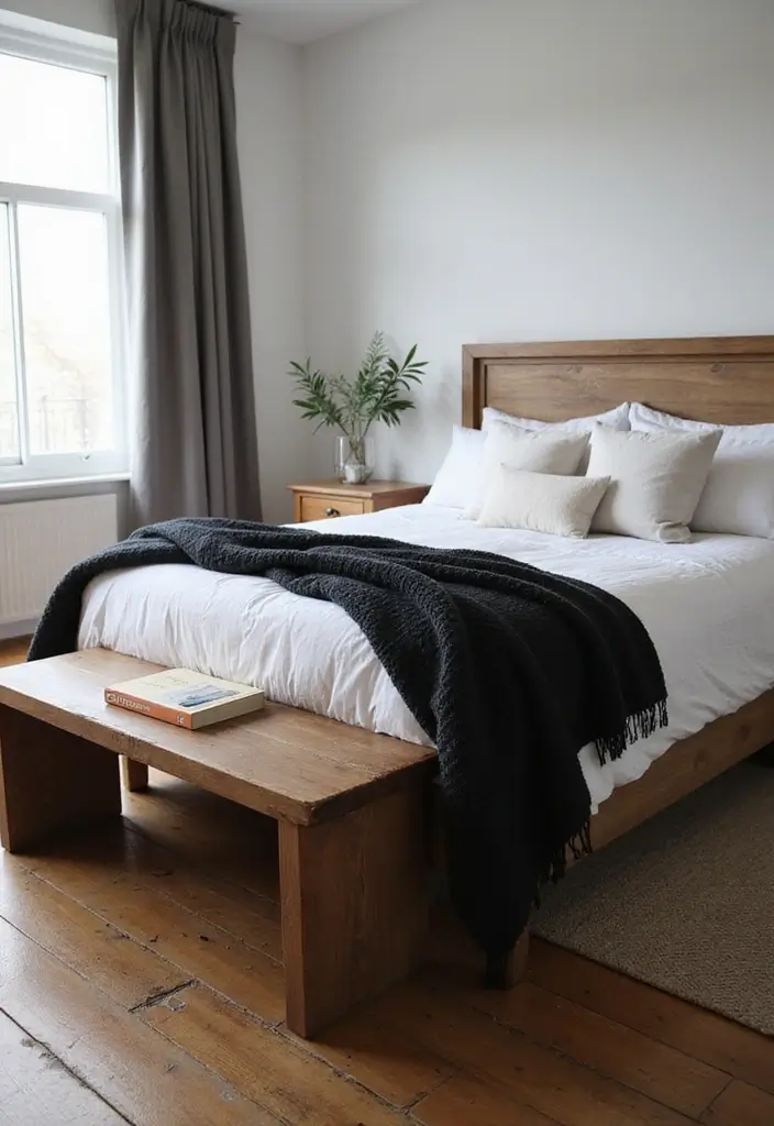 30 Black and Wood Bedroom Decor Ideas for a Modern Contrast - 13. Black Throws on Wooden Benches