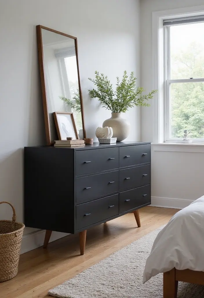 30 Black and Wood Bedroom Decor Ideas for a Modern Contrast - 14. Black Dresser with Wooden Legs