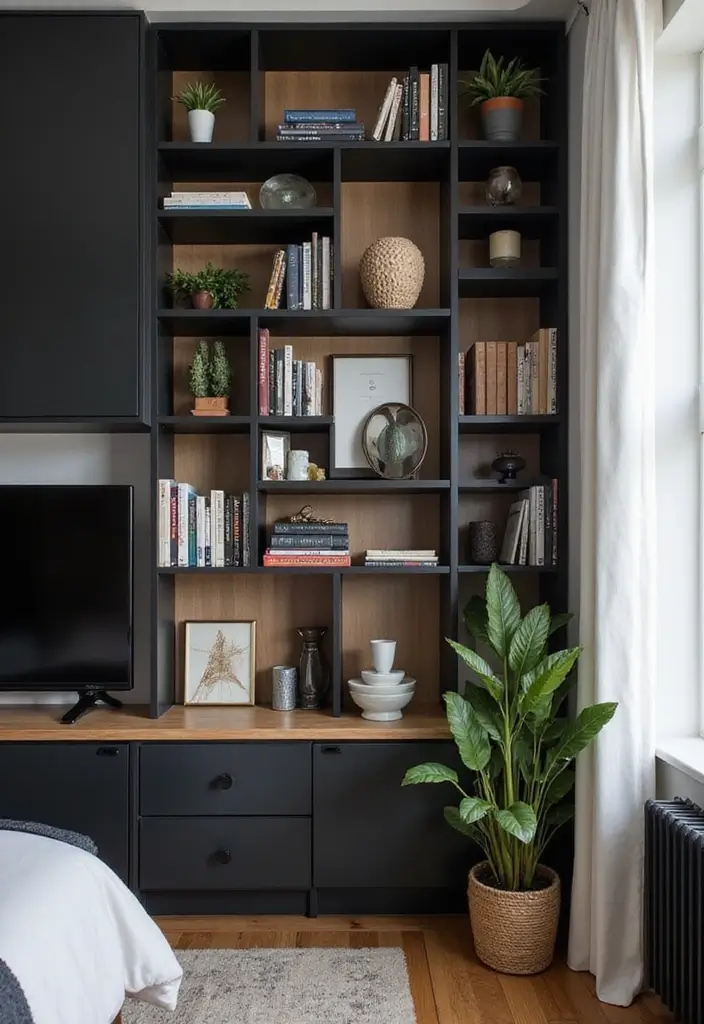 30 Black and Wood Bedroom Decor Ideas for a Modern Contrast - 16. Black and Wood Bookshelves