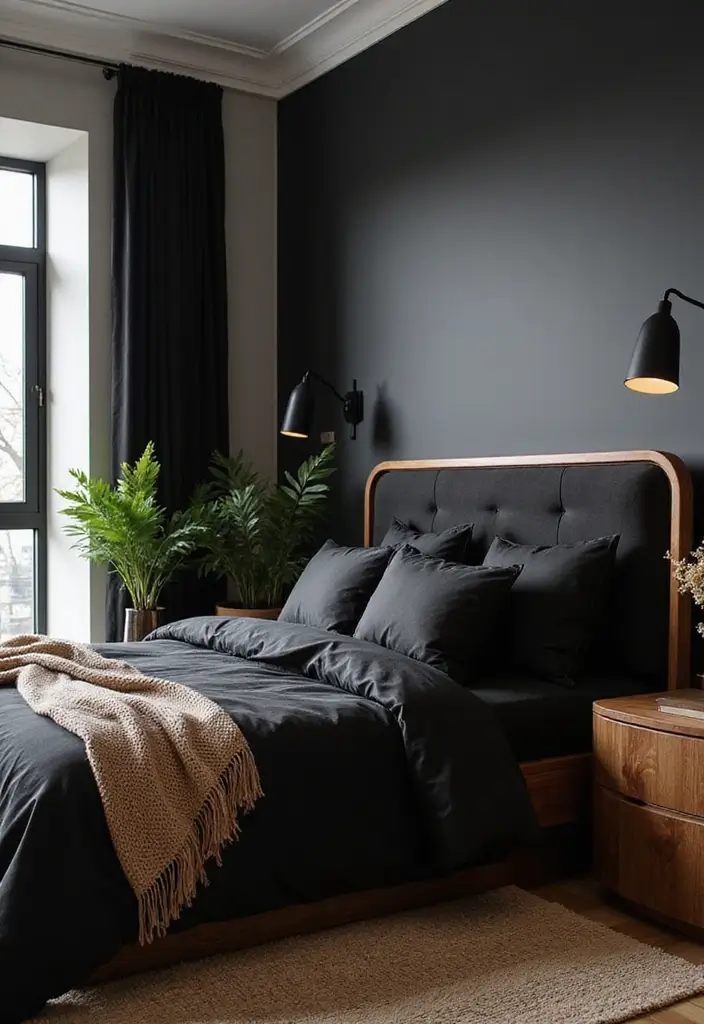 30 Black and Wood Bedroom Decor Ideas for a Modern Contrast - 17. Black Bedding with Wooden Accents