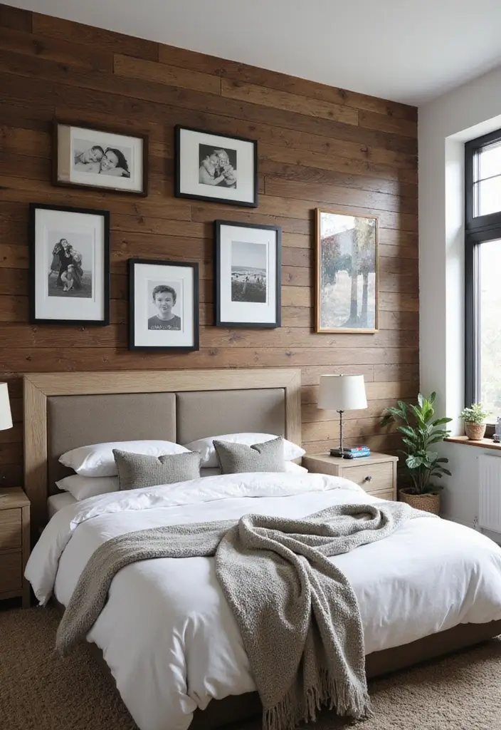 30 Black and Wood Bedroom Decor Ideas for a Modern Contrast - 18. Black Frames for a Wood Accent Wall