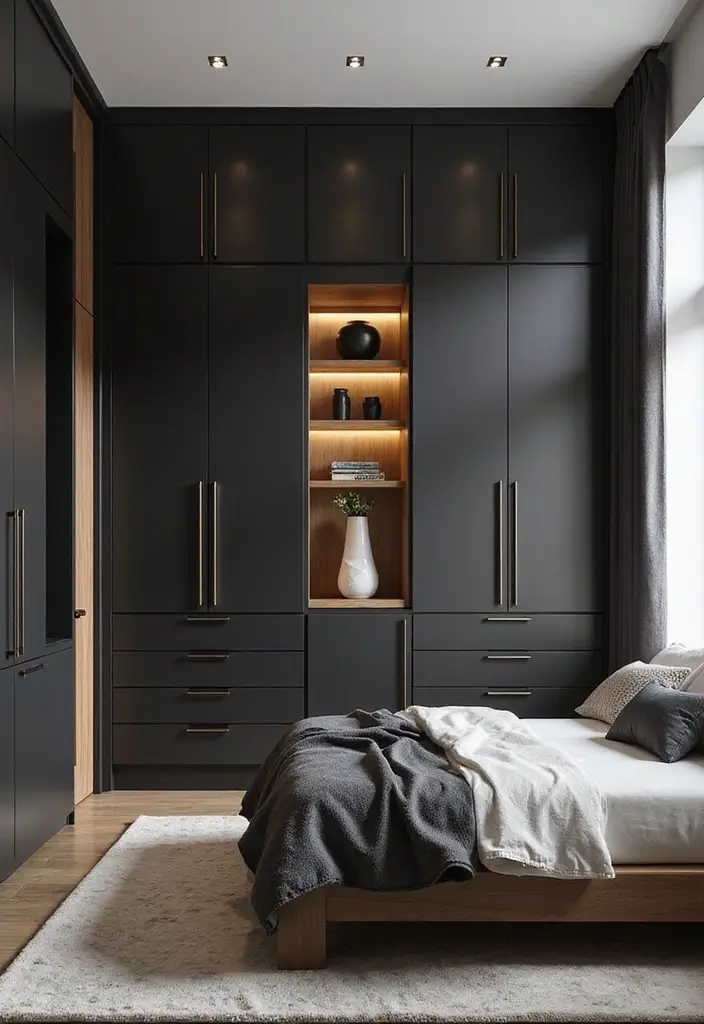 30 Black and Wood Bedroom Decor Ideas for a Modern Contrast - 19. Black and Wood Storage Solutions