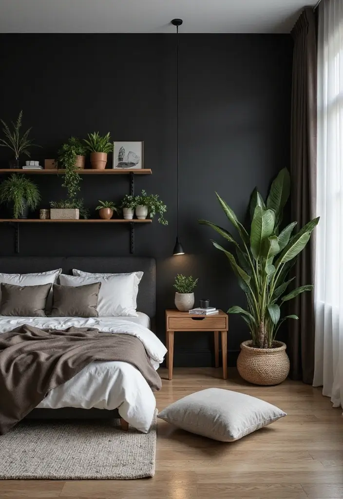30 Black and Wood Bedroom Decor Ideas for a Modern Contrast - 2. Black Accent Wall with Wooden Shelving