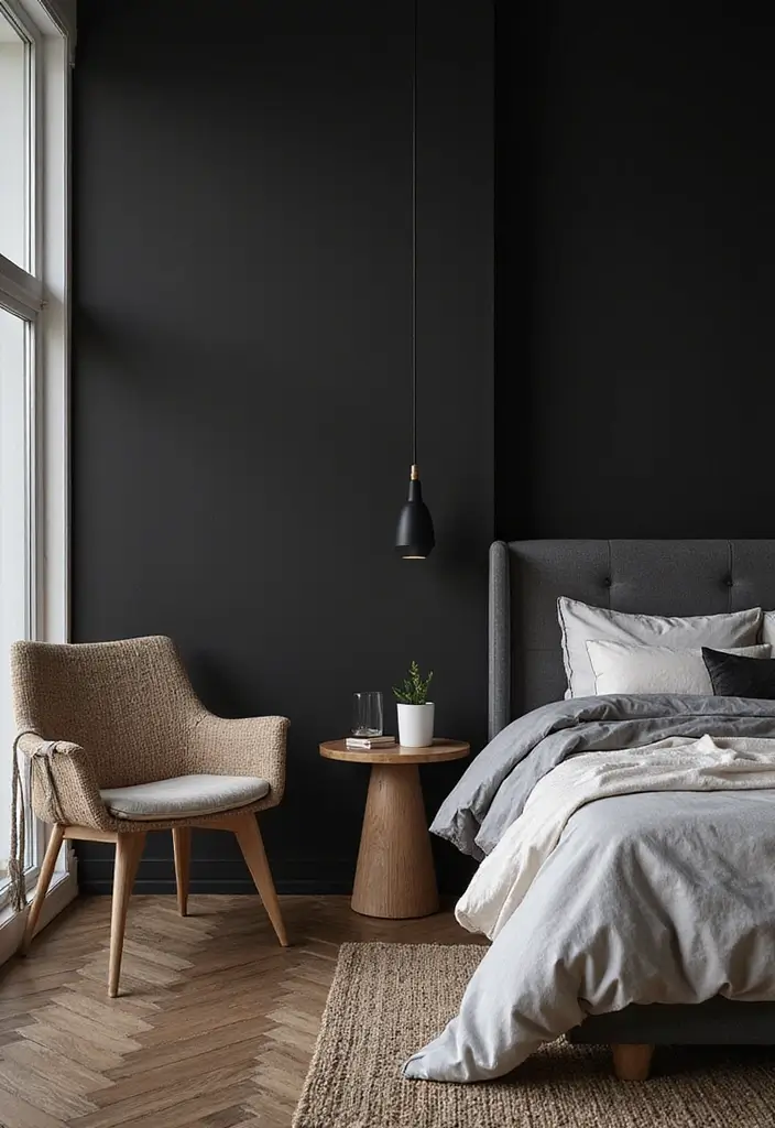 30 Black and Wood Bedroom Decor Ideas for a Modern Contrast - 20. Black Wallpaper with Wood Accents