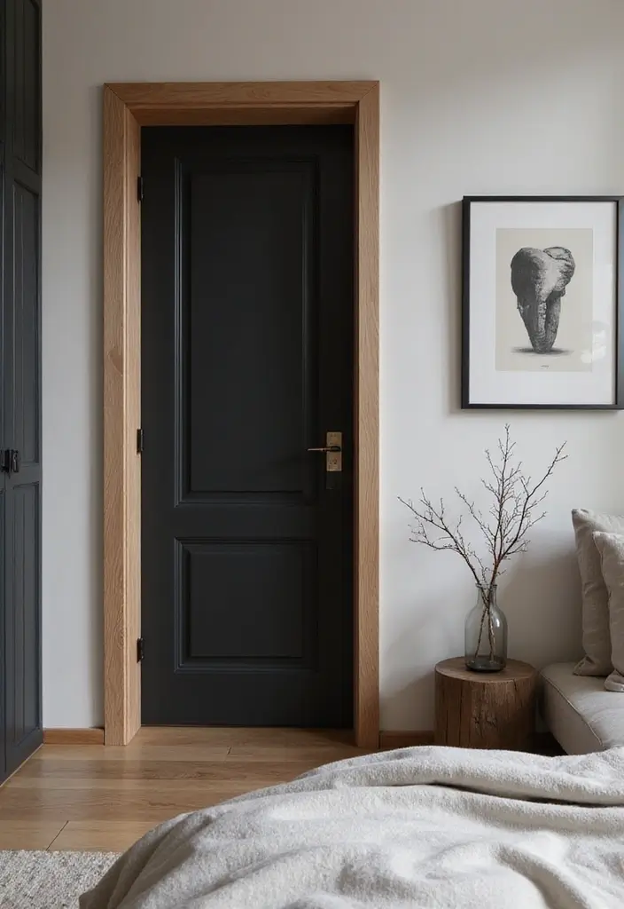 30 Black and Wood Bedroom Decor Ideas for a Modern Contrast - 21. Black Bathroom Door with Wooden Frame