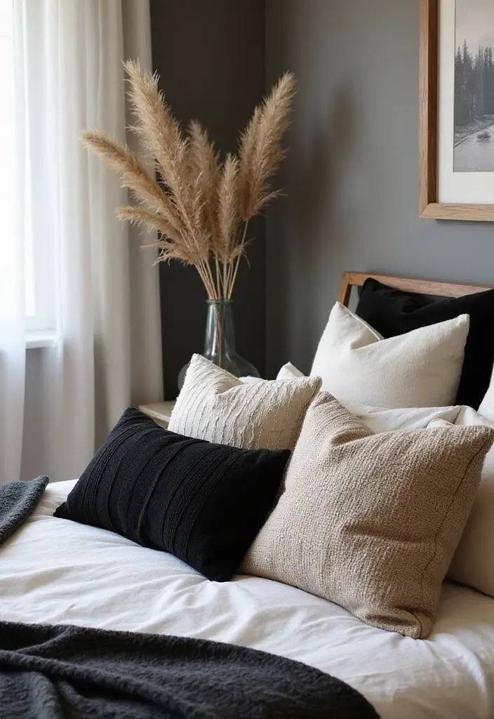 30 Black and Wood Bedroom Decor Ideas for a Modern Contrast - 22. Black and Wood Decorative Pillows