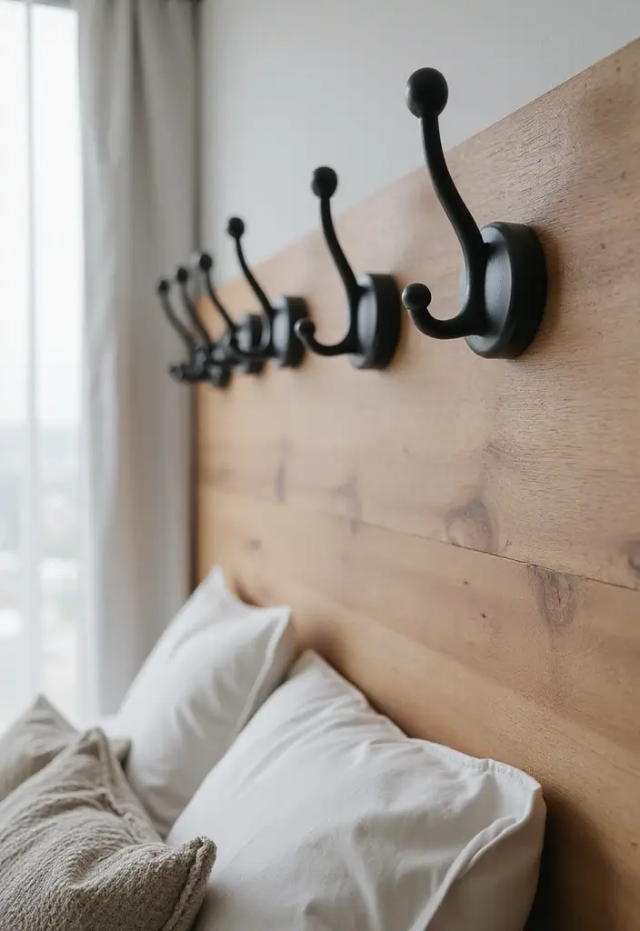 30 Black and Wood Bedroom Decor Ideas for a Modern Contrast - 26. Black Wall Hooks with Wood Backing