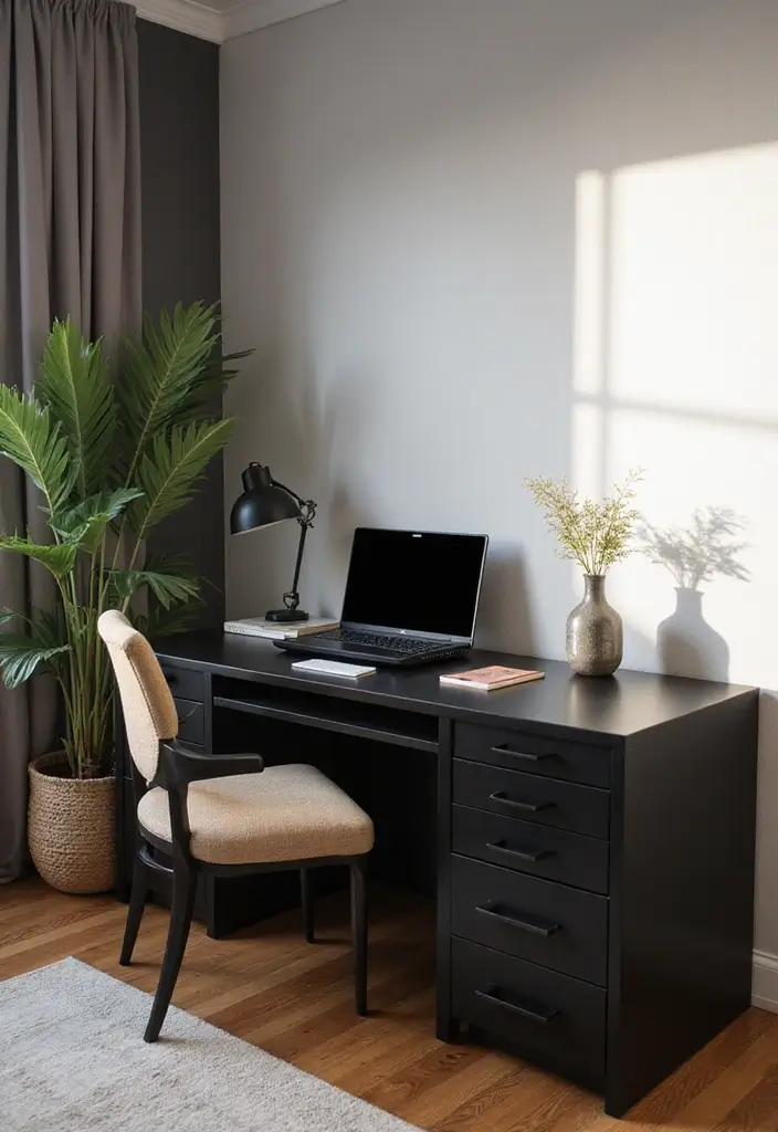 30 Black and Wood Bedroom Decor Ideas for a Modern Contrast - 27. Black and Wood Desk Space