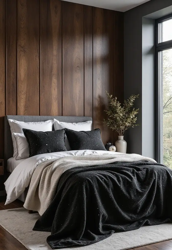 30 Black and Wood Bedroom Decor Ideas for a Modern Contrast - 28. Black and Wood Bedding Sets