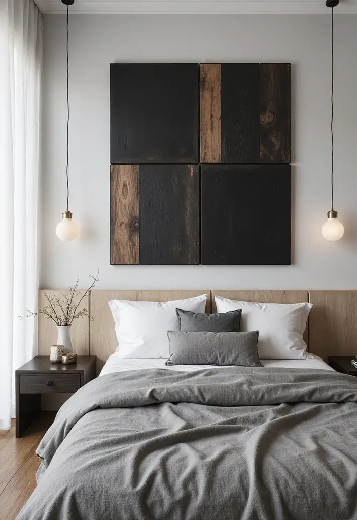 30 Black and Wood Bedroom Decor Ideas for a Modern Contrast - 29. Black and Wood Wall Art