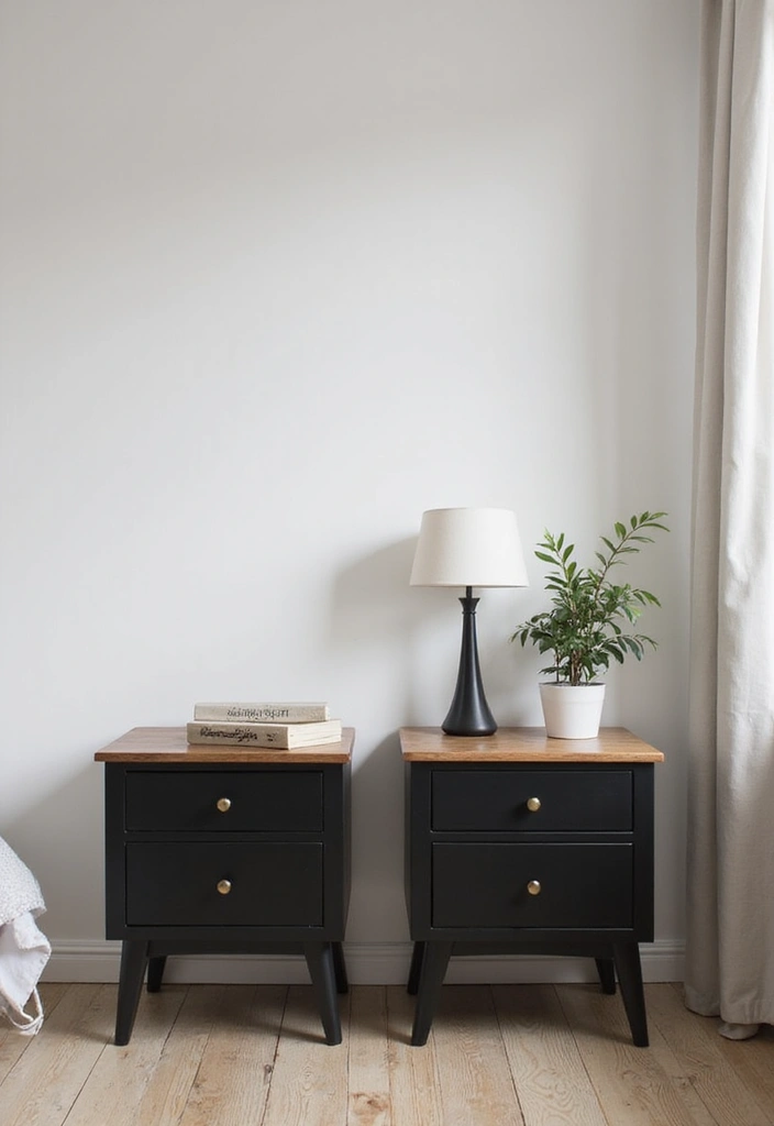 30 Black and Wood Bedroom Decor Ideas for a Modern Contrast - 3. Minimalist Black Nightstands with Wooden Tops