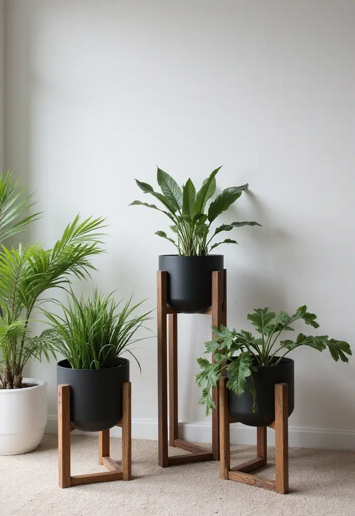 30 Black and Wood Bedroom Decor Ideas for a Modern Contrast - 30. Black and Wood Plant Holders