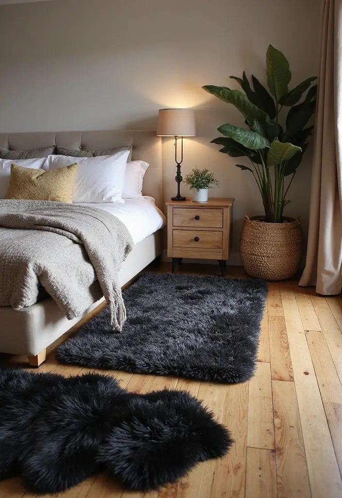 30 Black and Wood Bedroom Decor Ideas for a Modern Contrast - 4. Wooden Flooring with Black Rugs