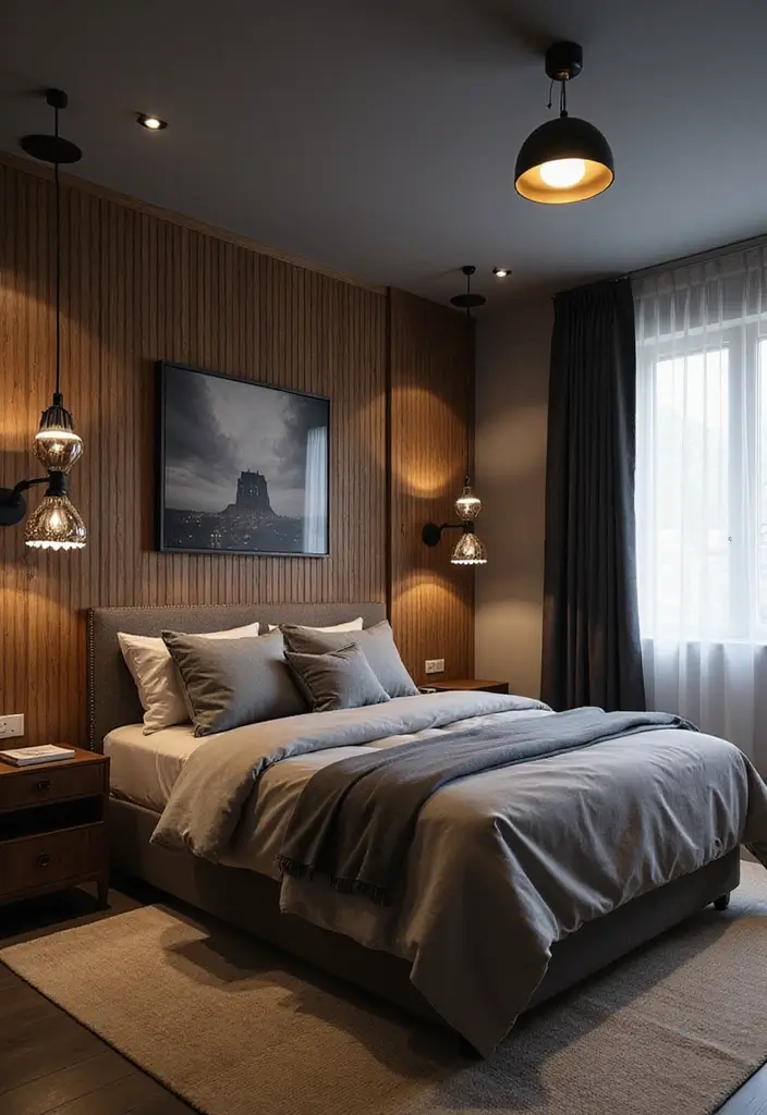 30 Black and Wood Bedroom Decor Ideas for a Modern Contrast - 6. Black Lighting Fixtures with Wood Details