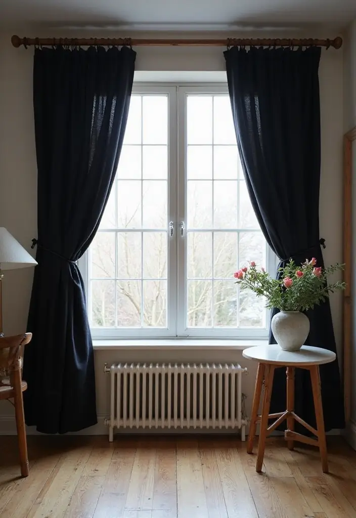 30 Black and Wood Bedroom Decor Ideas for a Modern Contrast - 8. Black Curtains with Wooden Rods