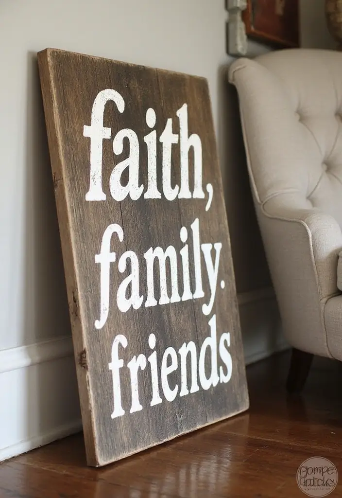 30 DIY Family Wood Sign Ideas for Personalized Wall Decor - 10. Faith Family Friends Sign