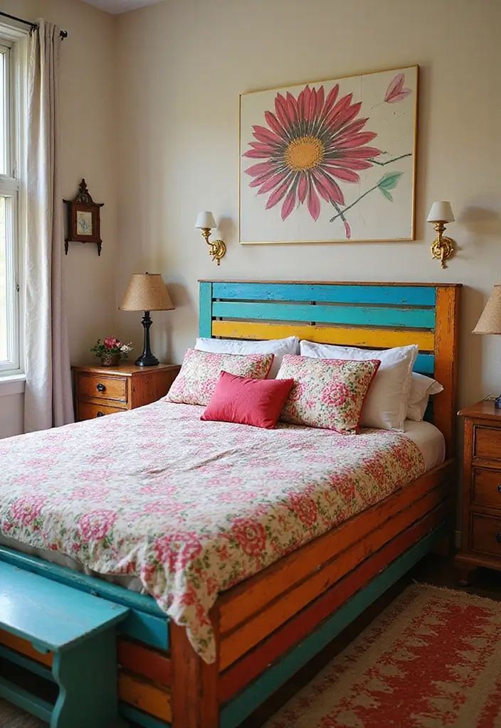 30 Master Bedroom Ideas Featuring Wood Beds for a Natural Feel 55 30 Master Bedroom Ideas Featuring Wood Beds for a Natural Feel - 17. Colorful Painted Wooden Bed