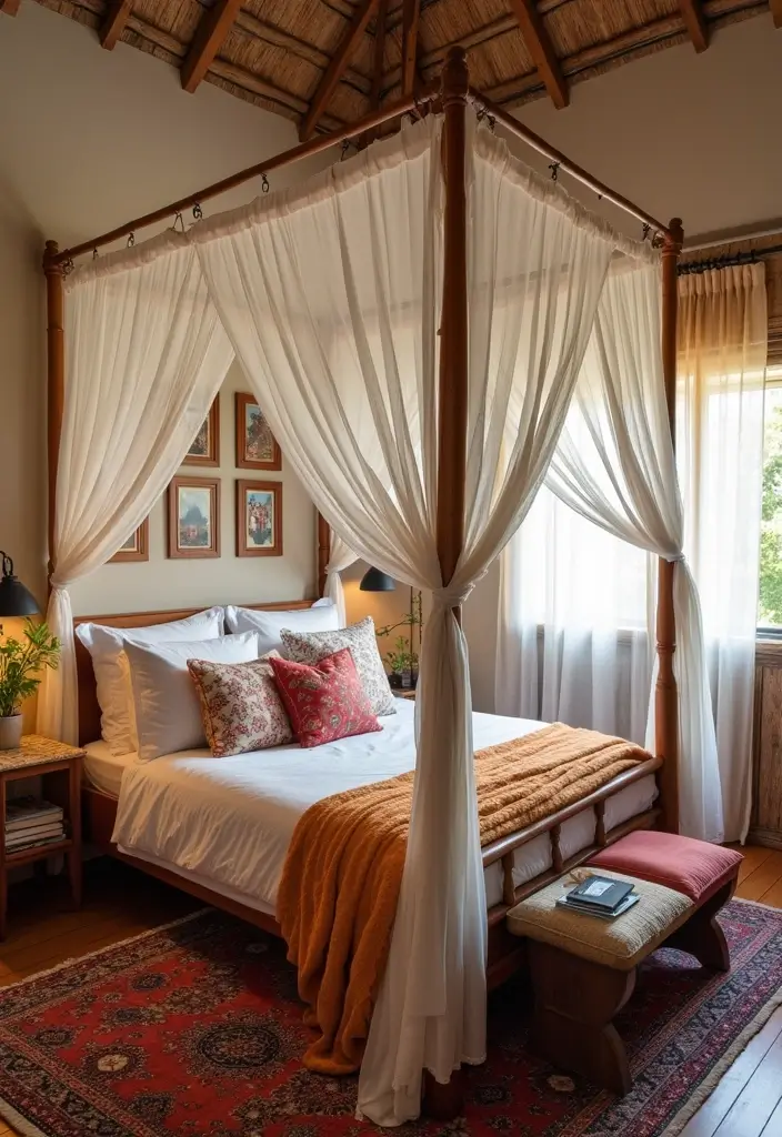 30 Master Bedroom Ideas Featuring Wood Beds for a Natural Feel 15 30 Master Bedroom Ideas Featuring Wood Beds for a Natural Feel - 3. Bohemian Wooden Canopy Bed