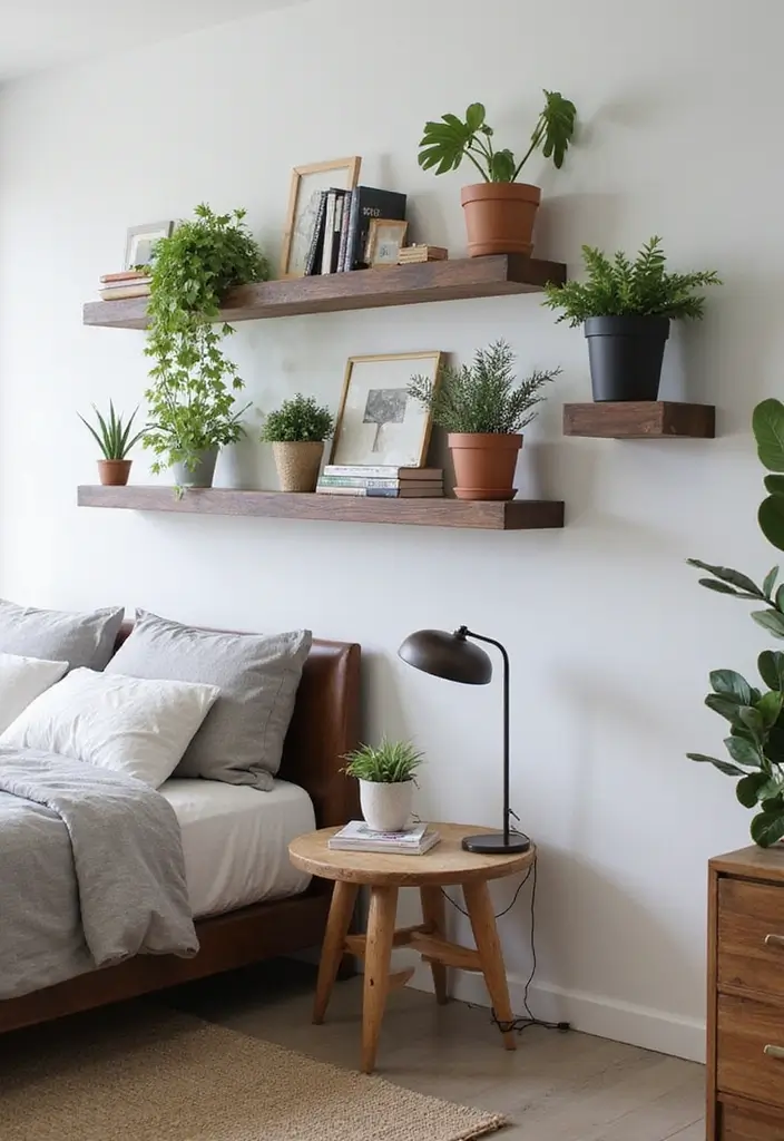 30+ Minimalist Bedroom Decor Ideas with Dark Wood Furniture 1 30+ Minimalist Bedroom Decor Ideas with Dark Wood Furniture - 1. Floating Dark Wood Shelves