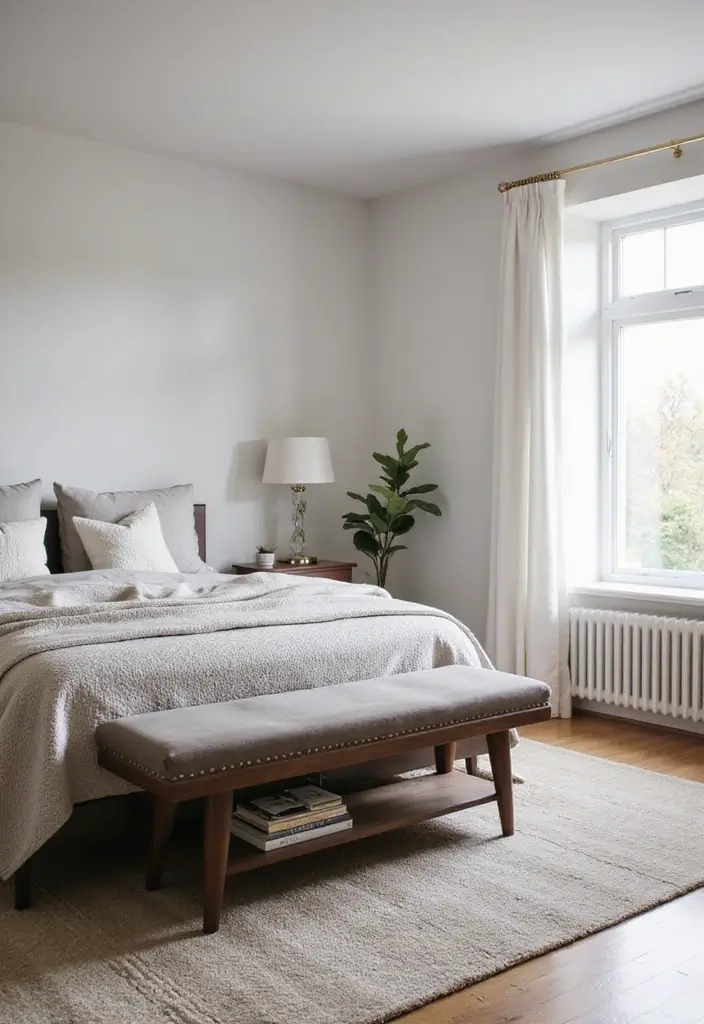 30+ Minimalist Bedroom Decor Ideas with Dark Wood Furniture 52 30+ Minimalist Bedroom Decor Ideas with Dark Wood Furniture - 14. Dark Wood Bench at the Foot of the Bed