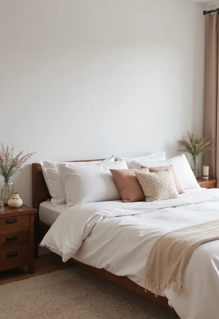 30+ Minimalist Bedroom Decor Ideas with Dark Wood Furniture 64 30+ Minimalist Bedroom Decor Ideas with Dark Wood Furniture - 18. Soft Color Accents