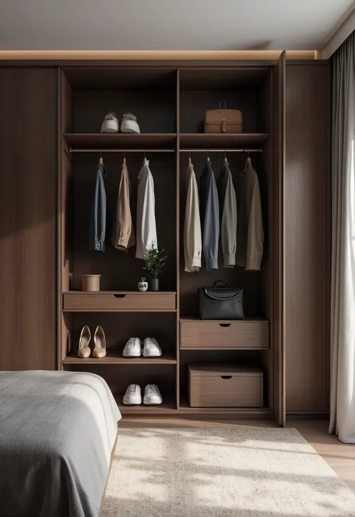 30+ Minimalist Bedroom Decor Ideas with Dark Wood Furniture 72 30+ Minimalist Bedroom Decor Ideas with Dark Wood Furniture - 20. Open Wardrobe Spaces