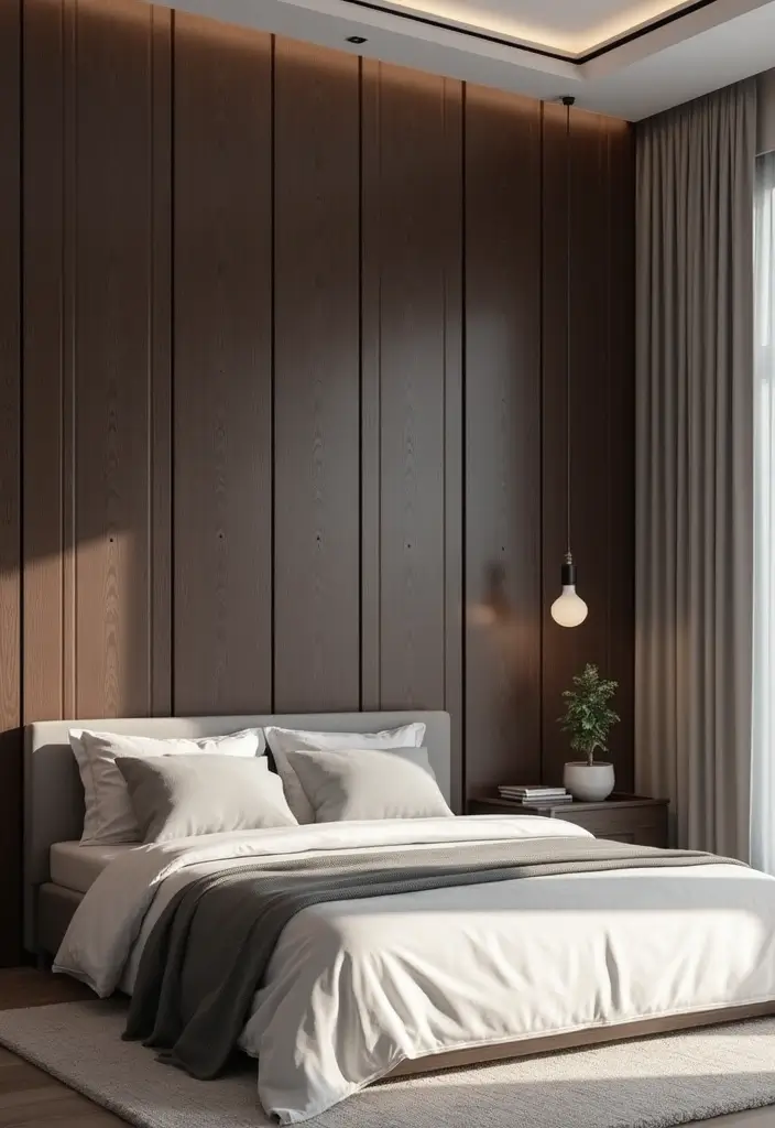 30+ Minimalist Bedroom Decor Ideas with Dark Wood Furniture 12 30+ Minimalist Bedroom Decor Ideas with Dark Wood Furniture - 4. Accent Wall with Dark Wood Panels