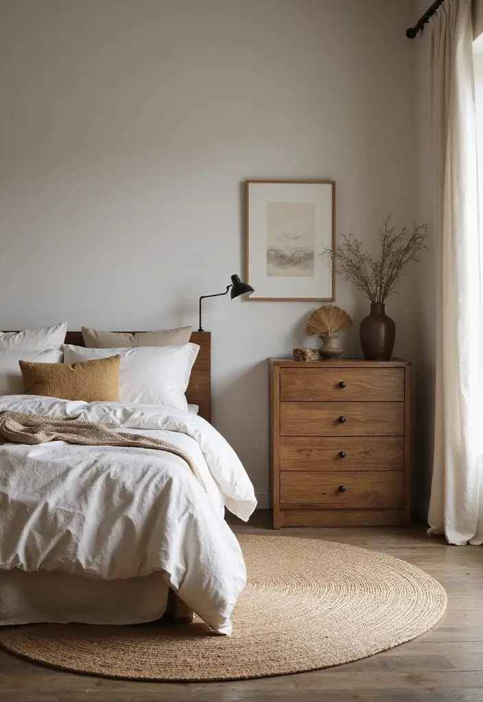 30+ Minimalist Bedroom Decor Ideas with Dark Wood Furniture 15 30+ Minimalist Bedroom Decor Ideas with Dark Wood Furniture - 5. Earthy Textiles